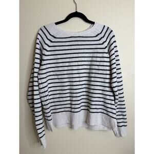 Caslon Sweatshirt Crew Neck 3/4 Sleeve Fleece Lined Striped Navy Blue White L